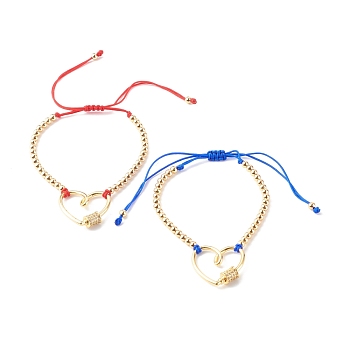 Adjustable Nylon Thread Braided Bead Bracelets Sets, with Brass Micro Pave Clear Cubic Zirconia Screw Carabiner Lock and Beads, Heart, Blue, Inner Diameter: 2-1/4~3-5/8 inch(5.6~9.2cm), 2pcs/set