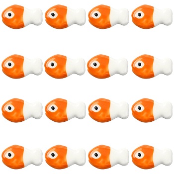 16Pcs Handmade Porcelain Ceramic Beads, Fish, Famille Rose Style, Dark Orange, 19x11.5x6.5mm, Hole: 2mm