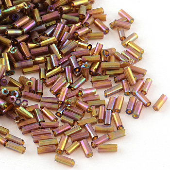 AB Color Plated Glass Bugle Beads, Transparent Colours Rainbow, Indian Red, 6x2mm, Hole: 1mm, about 450g/bag, about 10000pcs/bag