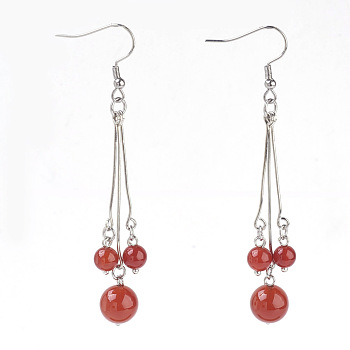 Natural Carnelian Dangle Earrings, with 304 Stainless Steel Earring Hooks and Iron Eye Pins, Round, 77~78mm, Pendant: 57~58mm, Pin: 0.6mm