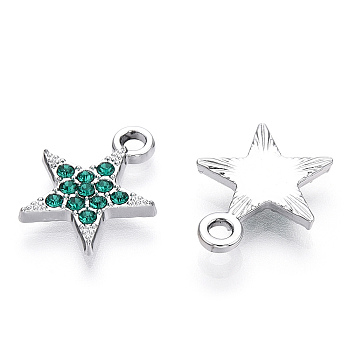 Platinum Plated Alloy Charms, with Rhinestones, Cadmium Free & Lead Free, Star, Emerald, 14.5x12x2.5mm, Hole: 1.8mm