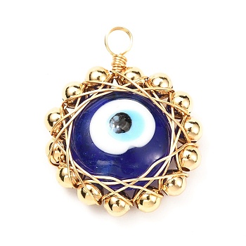 Flat Round Evil Eye Lampwork Pendants, with Brass Beads, Dark Blue, 28x22.5x8mm, Hole: 3mm