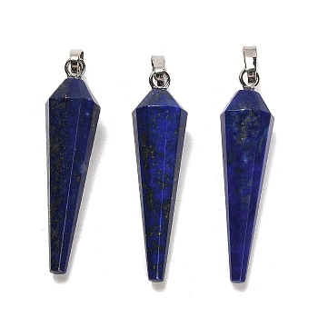 Natural Lapis Lazuli Pointed Pendants, Dyed, Faceted Cone Charms with Platinum Plated Barss Snap on Bails, 35~35.5x8~8.5mm, Hole: 6.5x4mm