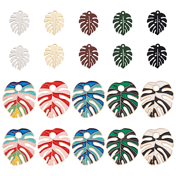 Elite 20Pcs 10 Style Alloy Enamel Pendants, Monstera Leaf, Light Gold, Mixed Color, 21~33.5x17~30x1~1.5mm, Hole: 1.6~5mm, 2pcs/style