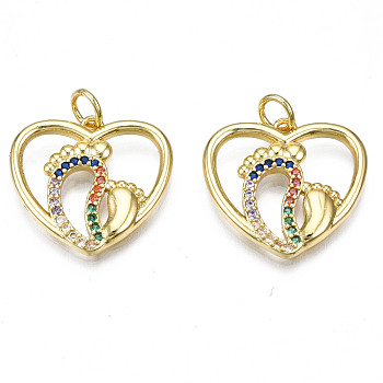 Brass Micro Pave Colorful Cubic Zirconia Pendants, Nickel Free, Heart, Real 18K Gold Plated, 18x19.5x2mm, Jump Ring: 5x1mm, 3mm