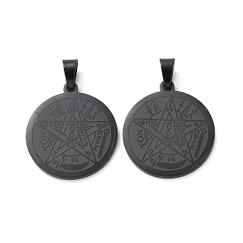 Religion 304 Stainless Steel Flat Round, Tetragrammaton Pentagram Wiccan Pendant, Electrophoresis Black, 27x24x2mm, Hole: 8x4mm