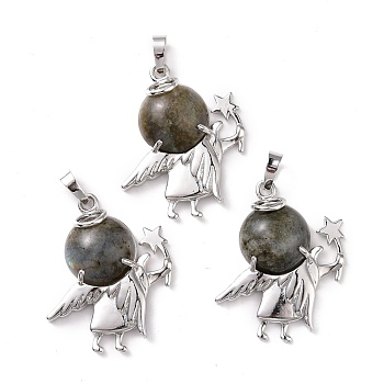 Natural Labradorite Pendants, with Platinum Tone Brass Findings, Angel, 37x32x8mm, Hole: 5x8mm