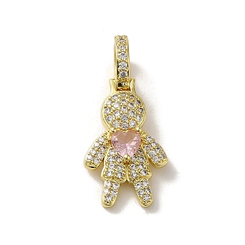 Rack Plating Brass Micro Pave Clear Cubic Zirconia Pendants, Real 18K Gold Plated, Long-Lasting Plated, Lead Free & Cadmium Free, Human, Pink, 30.5x14x9mm, Hole: 5.5mm