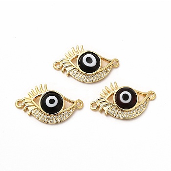 Rack Plating Real 18K Gold Plated Brass Micro Pave Clear Cubic Zirconia Connector Charms, Eye Links with Handmade Lampwork, Cadmium Free & Lead Free, Long-Lasting, Black, 15x26x4.5mm, Hole: 1.4mm