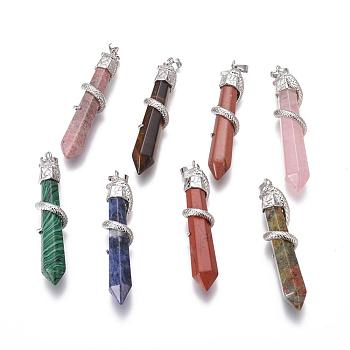 Gemstone Big Pendants, with Brass Findings, Snake with Diamond, Platinum Metal Color, Natural & Synthetic Mixed Stone, 60x12mm, Hole: 5x7mm