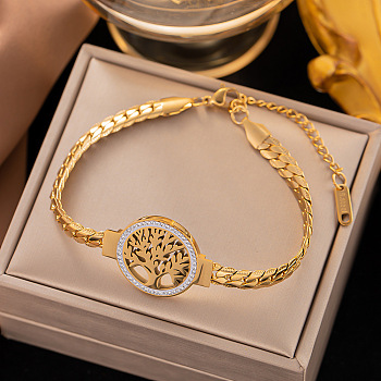 Rhinestone Tree of Life Link Bracelets with Curb Chains, Titanium Steel Bracelet, Golden, 6-1/4 inch(16cm)