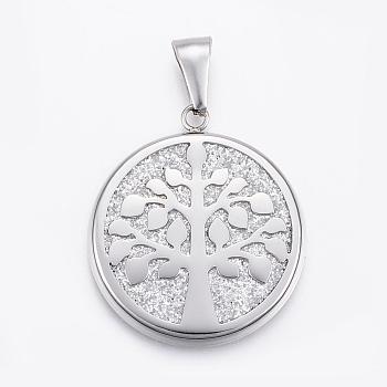 304 Stainless Steel Pendants, with Glitting Cloth, Tree of Life, WhiteSmoke, Stainless Steel Color, 34x30x4mm, Hole:10x4mm