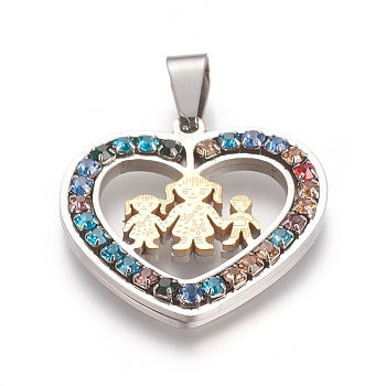 304 Stainless Steel Pendants, with Colorful Rhinestone, Heart with Human, Golden & Stainless Steel Color, 24.5x25.5x3mm, Hole: 7x3.5mm