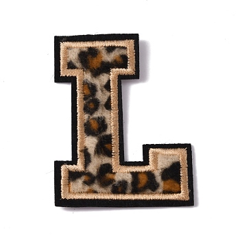 Polyester Computerized Embroidery Cloth Iron On Sequins Patches, Leopard Print Pattern Stick On Patch, Costume Accessories, Appliques, Letter.L, 61x47x1.5mm