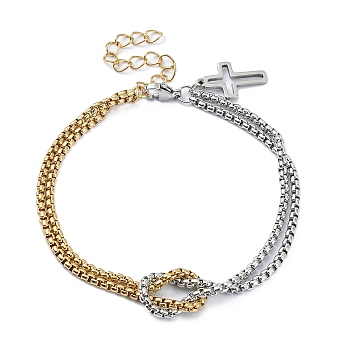 304 Stainless Steel Hollow Cross Charm Bracelet with Double Layer Box Chains, Golden & Stainless Steel Color, 7-1/2 inch(18.9cm)