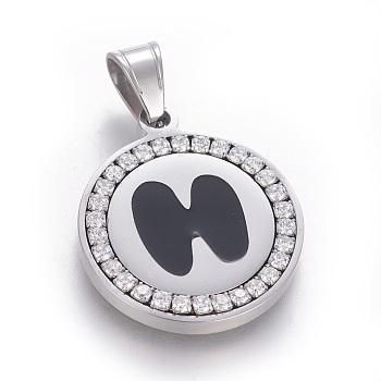 304 Stainless Steel Enamel Pendants, with Cubic Zirconia, Flat Round with Letter, Stainless Steel Color, Clear, Letter.H, 29x25x3mm, Hole: 5.5x8.5mm