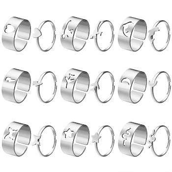 18Pcs 18 Style Heart & Dinosaur & Dolphin & Plane & Moon & Butterfly & Star Alloy Cuff Rings Set, Couples Matching Best Friend Promise Rings for Friends Lovers, Platinum, US Size 6 1/2(16.9mm)