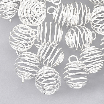 Iron Wire Pendants, Spiral Bead Cage Pendants, Round, Silver Color Plated, 24x19.5mm, Hole: 4.5mm