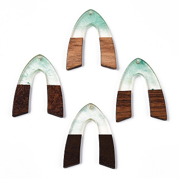 Transparent Resin & Walnut Wood Pendants, with Glitter Powder, V Shape Charms, Light Sea Green, 38x29x3mm, Hole: 2mm