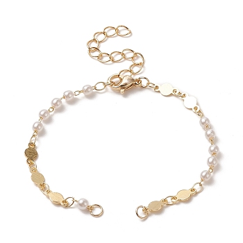 Brass Flat Round Link Chain Bracelet Making, with Acrylic Imitation Pearl Bead and Lobster Clasp, for Link Bracelet Making, Golden, 5-7/8 inch(15cm)