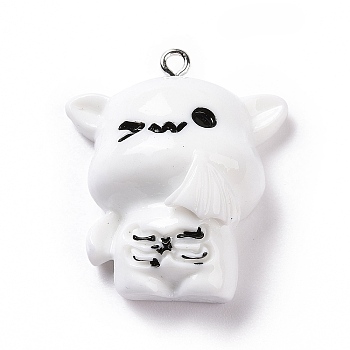 Opaque Resin Pendants, Cat Charms, with Platinum Tone Iron Loops, White, 32.5x28x13mm, Hole: 2mm
