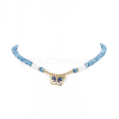 Brass Butterfly Pendant Necklace with Polymer Clay Heishi Beaded Chainsi for Women(NJEW-JN04166)-3