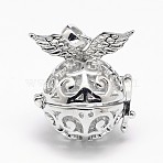 Rack Plating Brass Hollow Cage Pendants, For Chime Ball Pendant Necklaces Making, Round with Wings, Nickel Free, Platinum, 28x21mm, Hole: 9x3.5mm(KK-M181-11P-NF)