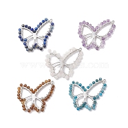 Natural Mixed Stone Faceted Round Beaded Wrapped Pendants, 304 Stainless Steel Butterfly Charms, Mixed Dyed and Undyed, Stainless Steel Color, 42~43x35~36x3~3.5mm, Hole: 1.6mm(PALLOY-JF02602-01)