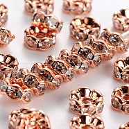 Brass Rhinestone Spacer Beads, Grade AAA, Wavy Edge, Nickel Free, Rose Gold Metal Color, Rondelle, Crystal, 6x3mm, Hole: 1mm(RB-A014-L6mm-01RG-NF)