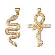 PandaHall Jewelry 2Pcs 2 Style Brass Micro Pave Clear Cubic Zirconia Pendants, Nickel Free, for Easter, Snake Wrapped around Ankh Cross & Snake, Real 16K Gold Plated, 29.5~37.5x12.5~22.5x2~6mm, Hole: 4x3.5mm, 1pc/style(ZIRC-PJ0001-10-NF)