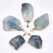 Electroplate Natural Fluorite Pendants, with Brass & Iron Findings, Faceted, Nugget, Golden, 30~76x20~45x10~15mm, Hole: 4.5x8mm(G-T112-13E)