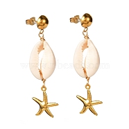 Natural Shell with Starfish Charm Dangle Stud Earrings for Girl Women, Golden, PapayaWhip, 54mm, Pin: 0.8mm(EJEW-JE04663)