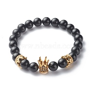 Natural Black Stone Round Beads Stretch Bracelets, with Brass Micro Pave Cubic Zirconia Beads, Crown, Inner Diameter: 2-1/4 inch(5.8cm)(BJEW-JB06606-04)