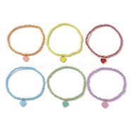 6Pcs Glass Seed Beaded Bracelets, with Heart Alloy Enamel Pendants, Mixed Color, Inner Diameter: 2-1/4 inch(5.75cm), 6pcs/set(BJEW-JB10216-02)
