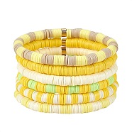 Handmade Polymer Clay Heishi Beads Stretch Bracelets Sets, with Golden Plated Stainless Steel Spacer Beads, Yellow, Inner Diameter: 2 inch(5.2cm), 6pcs/set(BJEW-JB05902-07)
