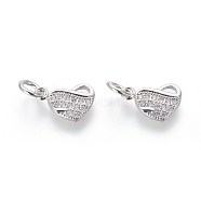 Eco-Friendly Brass Micro Pave Cubic Zirconia Charms, Lead Free & Cadmium Free, Clear, Heart, Platinum, 10.5x7.5x1.5mm, Hole: 3mm(ZIRC-J021-16P-RS)