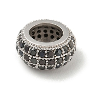 Brass Micro Pave Black Cubic Zirconia European Beads, Rondelle, Platinum, 9.5x4.5mm, Hole: 5mm(KK-G493-40P)