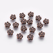 Tibetan Style Beads, Zinc Alloy, Lead Free & Cadmium Free, Flower, Great for Mother's Day Gifts making, Red Copper Color, 7mm in diameter, 3.5mm thick, hole: 1mm(X-RLF0476Y)
