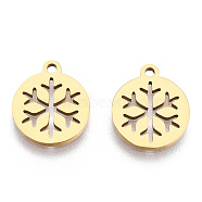 304 Stainless Steel Charms, Flat Round with Snowflake, Real 18K Gold Plated, 14x12x1mm, Hole: 1.5mm(STAS-Q201-T063G)