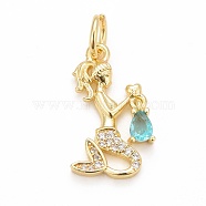 Rack Plating Brass Micro Pave Cubic Zirconia Pendants, Long-Lasting Plated, Cadmium Free & Lead Free, with Jump Ring, Mermaid with Lamp, Golden, Light Sky Blue, 19x11x2mm, Jump Ring: 6x1mm, 4mm Inner Diameter(KK-B056-03G-02)