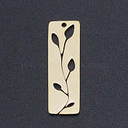 201 Stainless Steel Pendants, Rectangle with Leaf, Golden, 28x9x1mm, Hole: 1.4mm(STAS-N090-JN820-2)