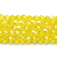 Transparent Electroplate Glass Beads Strands, Pearl Luster Plated, Faceted, Bicone, Yellow, 6x6mm, Hole: 1mm, about 45~47pcs/strand, 9.65~9.84 inch(24.5~25cm)(EGLA-A039-T6mm-A21)