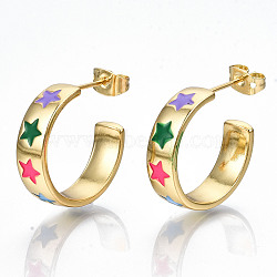 Brass Enamel Stud Earrings, Half Hoop Earrings, with Ear Nuts, Nickel Free, Ring with Star, Real 16K Gold Plated, Colorful, 20x6mm, Pin: 0.8mm(EJEW-T014-05G-NF)