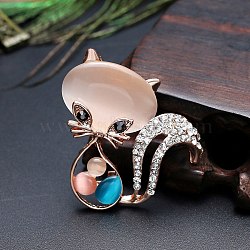 Alloy Brooch, with Cat Eye and Rhinestone, Fox, Light Salmon, 42x37mm(PW-WG32526-01)