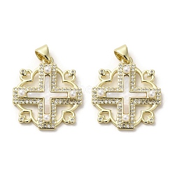 Brass Pave Shell Pendants, Religion Cross Charms with ABS Imitation Pearl, Real 18K Gold Plated, Cross, 24x21x4mm, Hole: 3.5x4mm(KK-I708-17I-G)