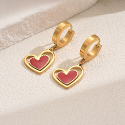 Romantic Stainless Steel Hollow Heart Pendant Hoop Earrings for Sweet Daily Parties, Golden, Red, 37x15mm(XH1770-1)