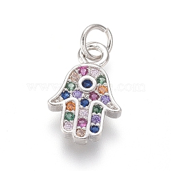 Brass Micro Pave Cubic Zirconia Charms, with Jump Rings, Hamsa Hand/Hand of Miriam, Colorful, Platinum, 11.5x7.5x1.5mm, Hole: 2.5mm(ZIRC-I032-52P)