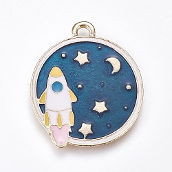 Alloy Enamel Pendants, Flat Round with Rocket, Steel Blue, Golden, 28x24x1mm, Hole: 2.5mm(X-ENAM-O035-17G)