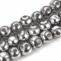 Electroplate Non-magnetic Synthetic Hematite Beads Strands, Round with Flower, Platinum Plated, 9.5~10x10~11mm, Hole: 1.5mm, about 40pcs/strand, 15.7 inch(G-T065-10mm-03E)
