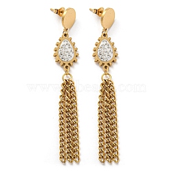 Ion Plating(IP) Rhinestone Teardrop Dangle Stud Earrings, 304 Stainless Steel Chains Tassel Earrings, Golden, 76x12mm(EJEW-D083-03G)